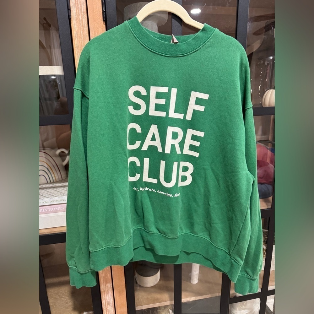 H&M Self Care Club crewneck pullover sweatshirt sporty rich ribbed kelly green - Picture 3 of 7